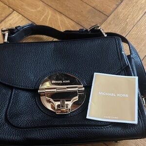 Michael Kors Black Pebbled Leather Shoulder Bag with Gold-Tone Lock